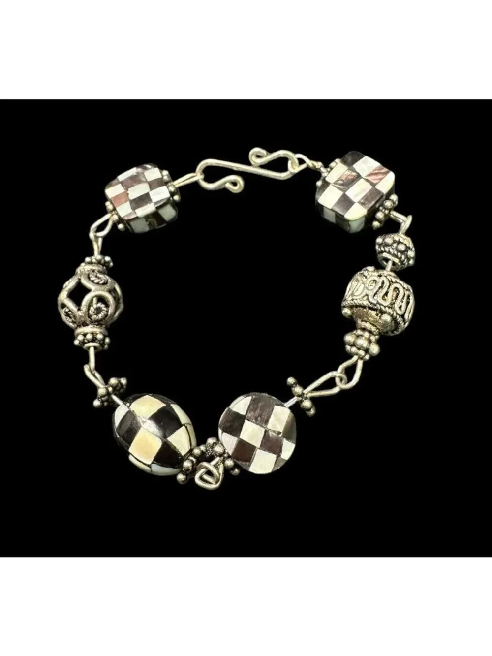 Bracelet Vintage Sterling Silver Geometric Multi Gemstone Inlay Panel Link